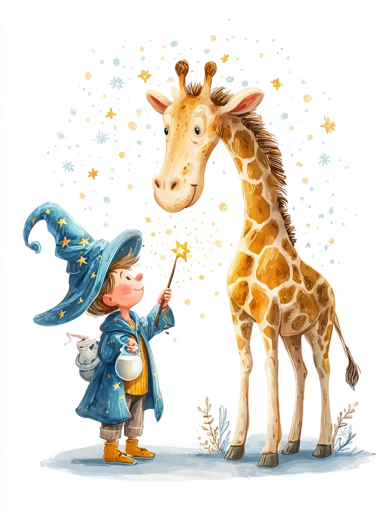 A charming illustration depicts a young wizard, adorned in a blue star-studded robe and hat, standing before a friendly giraffe.  The wizard holds a magic wand, sprinkling shimmering stars. A small animal peeks from his bag.  The scene is whimsical, set against a softly textured background of light blue and gold stars, creating a magical and heartwarming atmosphere.