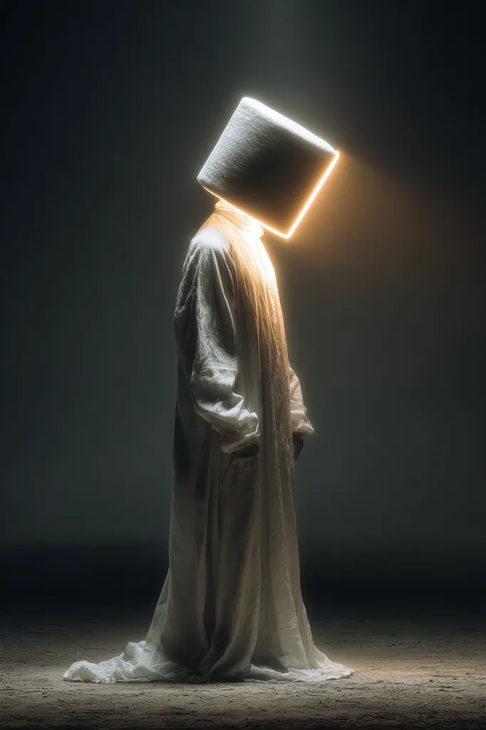 A figure, draped in a flowing white robe, stands in a dimly lit space.  Their head is concealed by a luminous, cube-shaped helmet emitting a warm, golden glow. The overall atmosphere is mysterious and evocative, suggesting a blend of futuristic and spiritual elements. The image is striking in its simplicity and visual impact.
