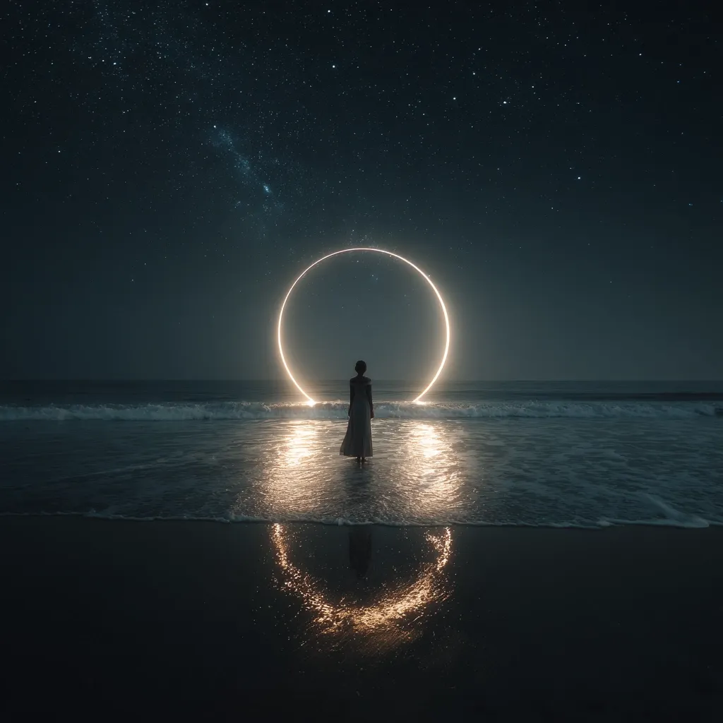 A lone figure in a flowing dress stands on a dark beach at night, gazing at a luminous ring hovering above the ocean. The ring glows softly, its light reflecting on the wet sand.  The starry sky forms a breathtaking backdrop, creating a surreal and dreamlike atmosphere. The scene evokes a sense of mystery, solitude, and the vastness of the universe.