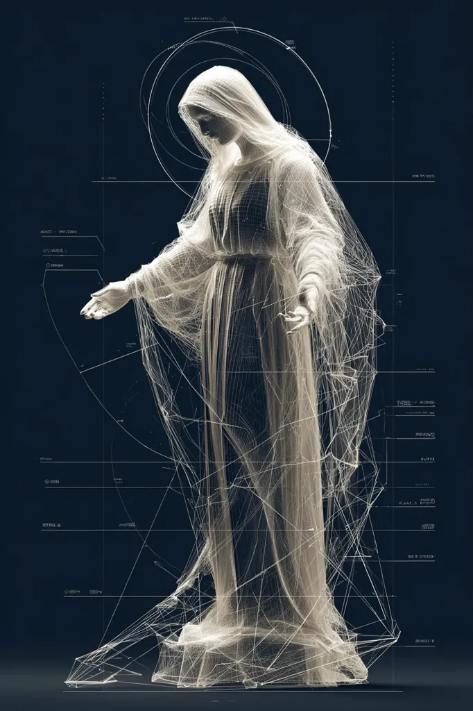 A digital rendering depicts a statue of the Virgin Mary, draped in a translucent, web-like material.  The statue is presented against a dark background overlaid with a technical blueprint-style grid and data points, suggesting a process of digital creation or analysis. The overall aesthetic blends religious iconography with technological elements, creating a visually striking and thought-provoking image.
