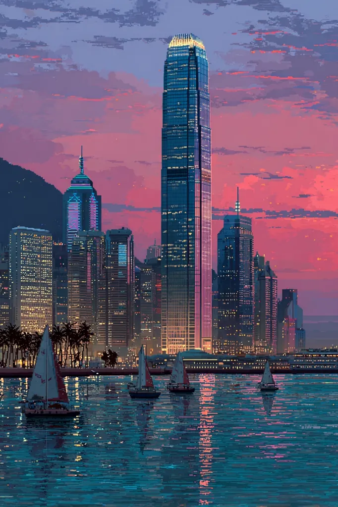 A pixel art cityscape at sunset, featuring a prominent skyscraper and several smaller buildings along a waterfront. Sailboats dot the calm water, reflecting the city lights and the vibrant pink and purple hues of the twilight sky. Palm trees line the shore, adding a tropical touch to the urban scene.  The overall style is nostalgic and serene.
