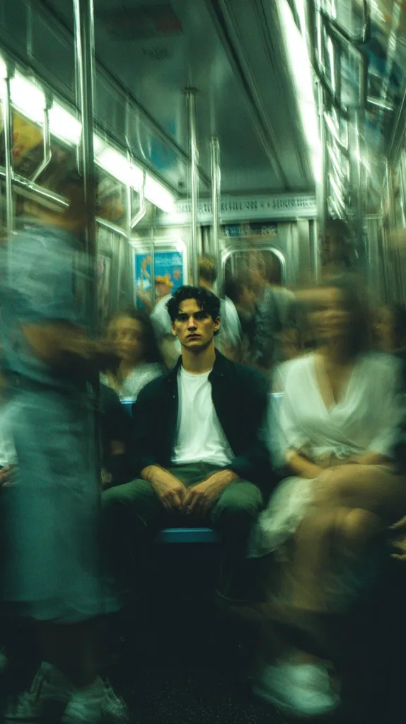 A young man with dark hair sits on a subway train, his expression serious.  The image is dark and moody, with motion blur suggesting the movement of the train and other passengers. The surrounding passengers are largely indistinct, their forms blurred by the camera's motion. The overall atmosphere is one of quiet contemplation amidst urban transit.