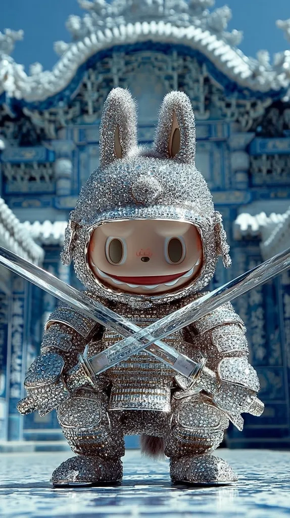 A rabbit-shaped figurine, adorned in dazzling diamond-encrusted samurai armor, stands proudly.  Two crossed swords are held firmly in its grasp. The backdrop features a serene blue and white oriental-style building, providing a striking contrast to the sparkling figure. The image exudes opulence and a unique blend of cute and fierce aesthetics.