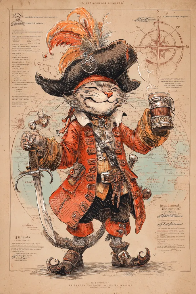 A whimsical illustration depicts a smiling cat pirate in a red coat and tricorn hat adorned with orange feathers.  He holds a sword and a mug, standing before an antique-style world map. The style is reminiscent of old nautical charts and illustrations, with detailed pen and ink work creating a rich, textured effect. The overall mood is jovial and adventurous.