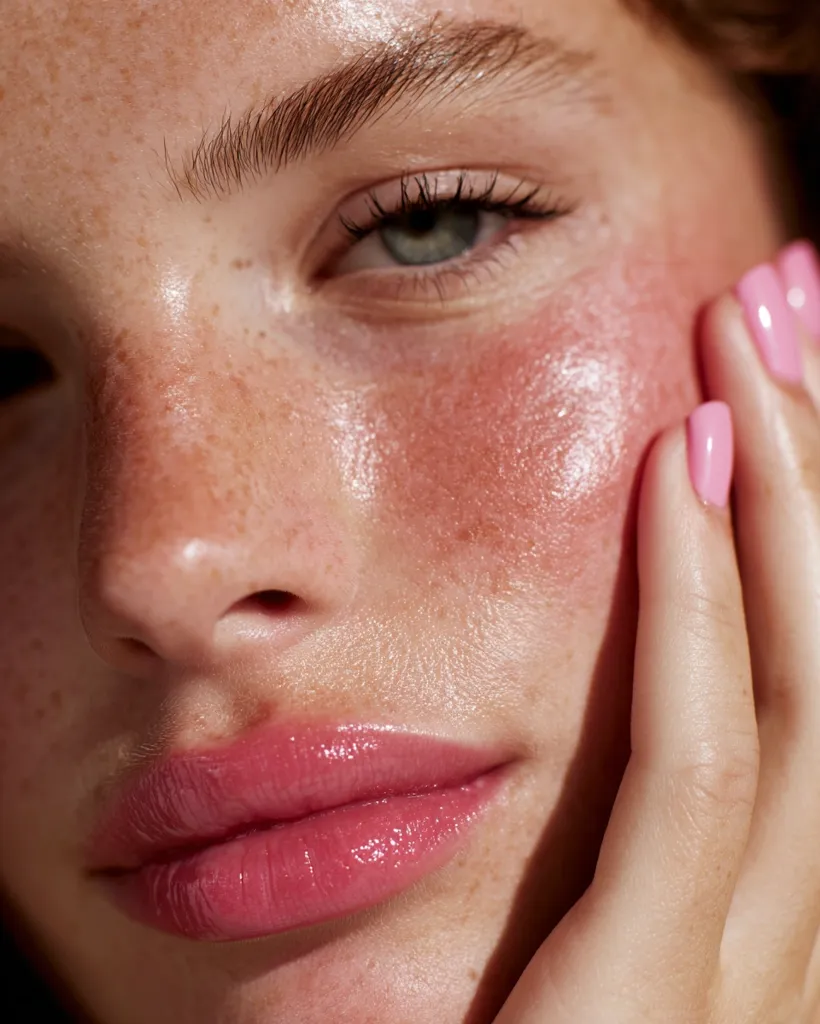 Close-up of a woman's face, showcasing her freckles, dewy skin, and subtly rosy cheeks.  She's wearing a glossy pink lip and pale pink nail polish. Her hand gently rests against her cheek, highlighting the natural glow and texture of her skin.  The image has a soft, natural lighting.