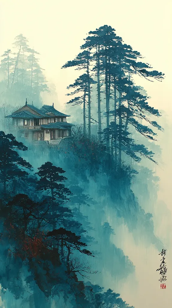 A tranquil landscape painting depicts a traditional East Asian house nestled on a misty mountainside.  Tall, dark pine trees surround the structure, their silhouettes stark against the pale sky.  The scene is rendered in shades of teal and blue-green, creating a serene and ethereal atmosphere.  A soft fog blankets the lower slopes, enhancing the sense of mystery and calm.  Calligraphy is visible in the bottom right corner.