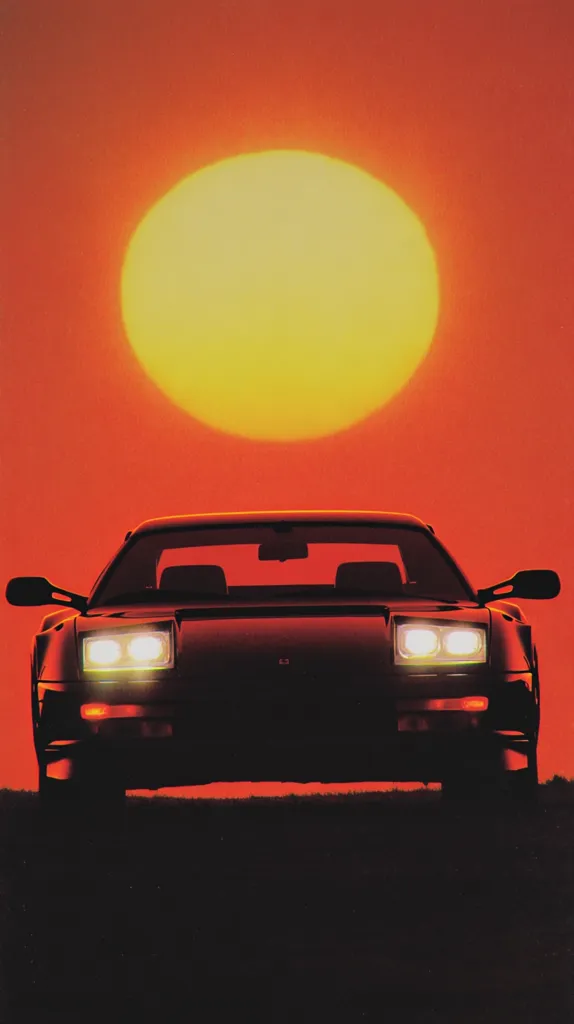 A sleek, dark-colored sports car is silhouetted against a vibrant sunset.  The large, bright sun dominates the background, casting a warm, orange glow.  The car's headlights are illuminated, adding a captivating contrast to the fiery sky.  The overall image evokes a sense of speed, freedom, and the beauty of a dramatic sunset.