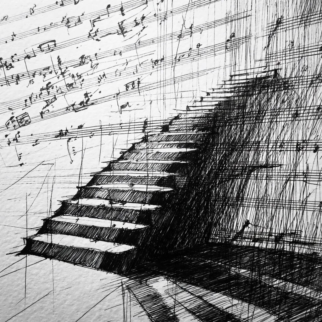 A monochromatic ink drawing depicts a grand staircase ascending into a shadowy, undefined space.  The background is filled with densely layered musical notation, creating a sense of depth and suggesting a connection between architecture and music. The style is expressive and slightly chaotic, emphasizing the interplay of light and shadow on the staircase's form.  Tiny figures are subtly incorporated, adding a scale and a suggestion of movement.