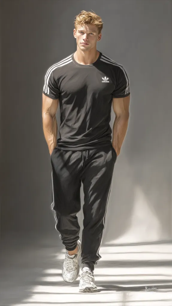 A muscular young man with light blond hair walks confidently. He's dressed in a black Adidas t-shirt and matching sweatpants, complemented by white sneakers.  His posture is relaxed yet poised, his gaze directed forward. The setting is minimalist, with a neutral gray background and light illuminating the scene. The overall impression is one of understated athleticism and style.