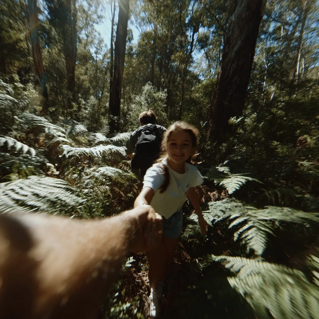 A young girl hikes through a lush forest, holding hands with someone off-camera.  Sunlight filters through the dense canopy of tall trees, illuminating ferns and undergrowth. Another person walks ahead, carrying a backpack. The image has a motion blur effect, creating a dynamic and adventurous feel. The scene evokes a sense of family fun and exploration in nature.