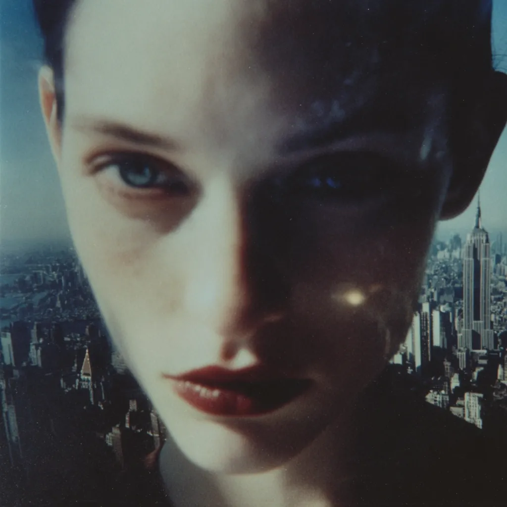 Close-up portrait of a woman's face, partially obscured by a superimposed image of a cityscape, possibly New York City. The woman's expression is serious and intense, her gaze directed toward the viewer. The image is dark and moody, with a blend of sharp focus on the face and a softer focus on the city skyline.  The contrast between the human element and the urban backdrop creates a striking visual effect.
