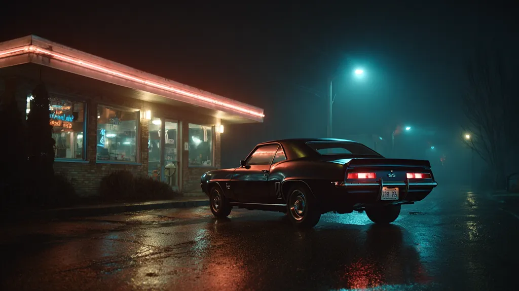 A dark-colored classic Camaro sits parked on a rain-slicked street at night.  The car is positioned in front of a diner with neon signs glowing warmly.  A misty fog hangs in the air, illuminated by streetlights casting a cool, blue-green hue. The scene evokes a nostalgic, moody atmosphere.