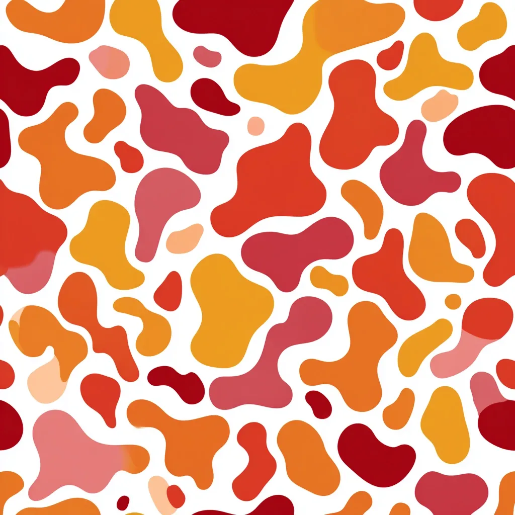 A seamless pattern featuring abstract, organic shapes in varying shades of orange, red, and pink.  The shapes are irregular and fluid, resembling blobs or amoebas, creating a vibrant and energetic design against a white background. The color palette evokes warmth and a playful, modern aesthetic.