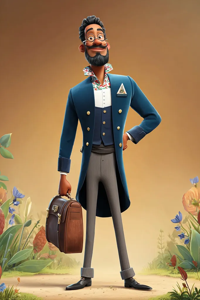 A stylized animated character, a dark-skinned man with a beard and glasses, stands confidently. He's dressed in a long, dark blue coat over a vest and gray trousers, carrying a brown briefcase.  His attire suggests sophistication and perhaps a professional role. The background features soft, blurred floral elements, creating a pleasant, slightly whimsical atmosphere. The image is brightly lit and the character is rendered with smooth, cartoonish detail.