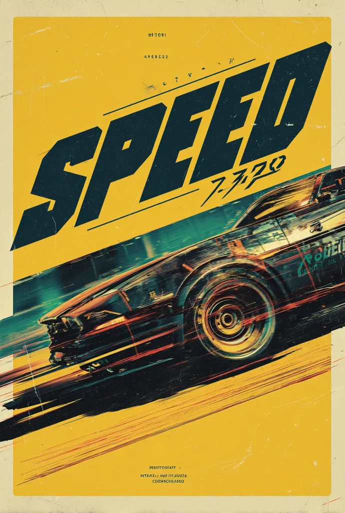 A stylized poster depicts the word "SPEED" in bold, dark lettering against a vibrant yellow background.  A blurred image of a classic muscle car speeding across the lower portion adds dynamism.  The design incorporates a retro aesthetic with grunge texture and a Japanese-style subtitle, suggesting a high-octane theme.  Minimalist text at the bottom hints at credits or artist information.