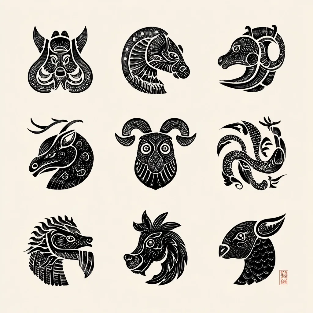 Nine intricately detailed black and white animal head illustrations, arranged in a grid.  Each animal, including a boar, horse, dragon, deer, ram, phoenix, another dragon, boar, and sheep, is rendered in a style reminiscent of woodblock printing or ancient folk art.  The designs are ornate and symbolic, showcasing a high level of detail and craftsmanship.  A small red stamp is visible in the bottom right corner.
