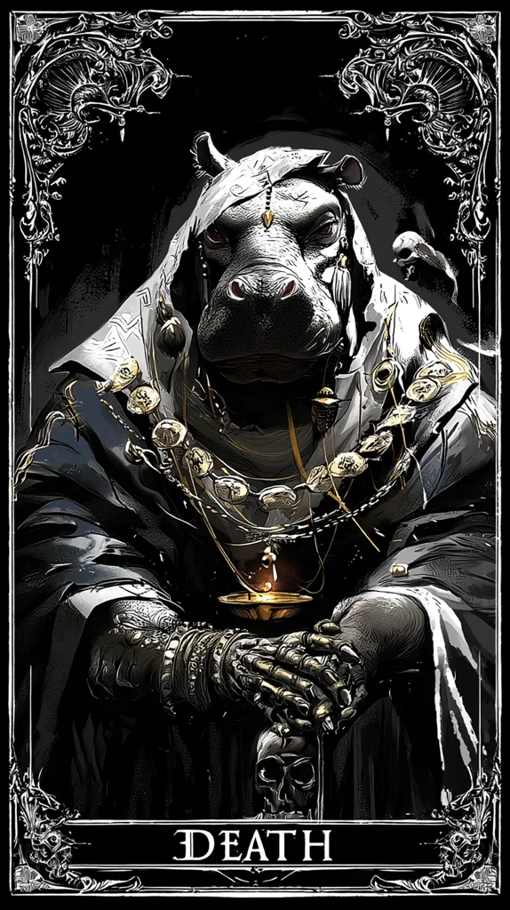 A dark, stylized depiction of the Death card from a tarot deck.  A hippopotamus, cloaked and adorned with ornate jewelry, sits serenely holding a small, glowing vessel. The image is framed by elaborate, gothic-style borders. The word "DEATH" is prominently displayed at the bottom.  The overall aesthetic is grim yet regal, suggesting a powerful and enigmatic figure.