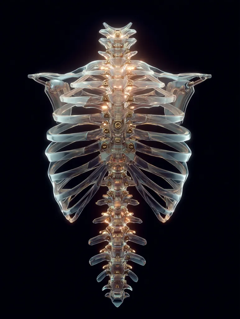A digital rendering showcases a translucent, skeletal structure resembling a human rib cage and spine.  The bones are meticulously detailed, with glowing golden joints connecting the vertebrae and ribs. The image is set against a stark black background, emphasizing the intricate design and luminous elements of this biomechanical artwork.  The overall effect is both anatomical and futuristic.