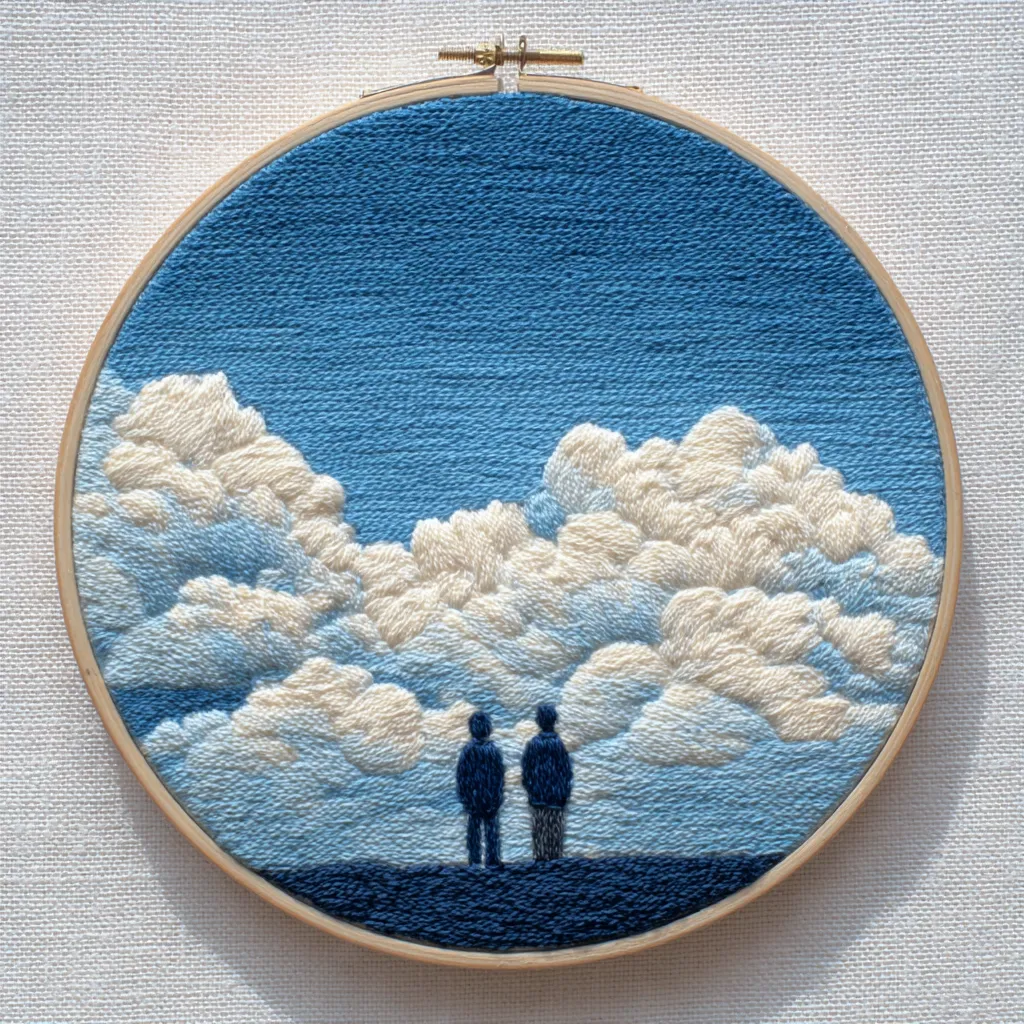 A circular embroidery depicts a serene landscape of fluffy white clouds against a vast blue sky.  Two small, dark figures stand silhouetted in the foreground, gazing out at the expansive cloudscape.  The intricate stitching creates a textured effect, giving the piece a calm and contemplative mood.  The artwork is mounted in a wooden hoop.