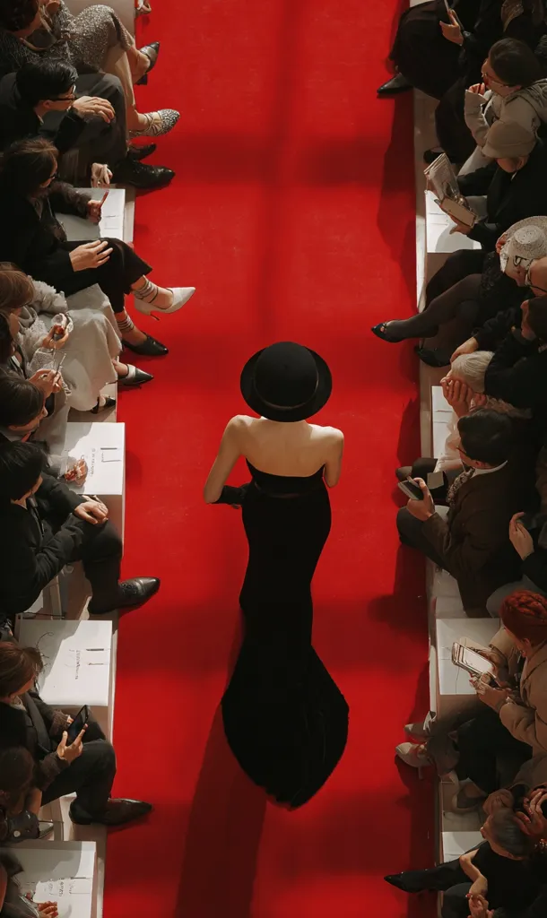 A model in a black gown and hat walks a red carpet runway.  Spectators in stylish attire sit on either side, observing the fashion show. The scene is viewed from above, emphasizing the vibrant red carpet and the elegant procession.  The overall atmosphere is sophisticated and high-fashion.