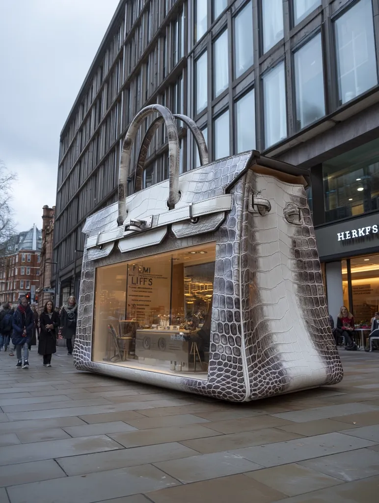 A giant Hermès Birkin bag, crafted from crocodile skin in shades of gray and white, stands as a pop-up shop on a city street.  The oversized handbag functions as a storefront, showcasing a boutique interior visible through its transparent section. Pedestrians walk past the unusual structure, which is situated against a backdrop of modern architecture. The scene is captured on a cloudy day.