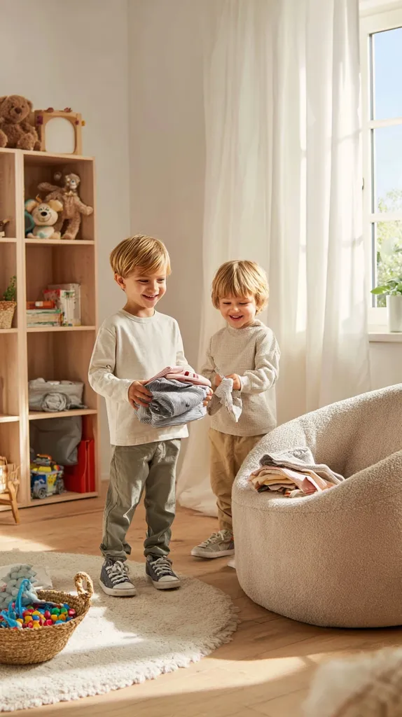 Two young boys are tidying up their room.  One holds a folded pile of clothes, while the other helps organize items into a fluffy beanbag chair.  A wooden bookshelf filled with toys and books is in the background.  The children are dressed in casual clothing and are standing on a soft rug.  The overall setting is bright and airy, suggesting a playful and organized space for children.