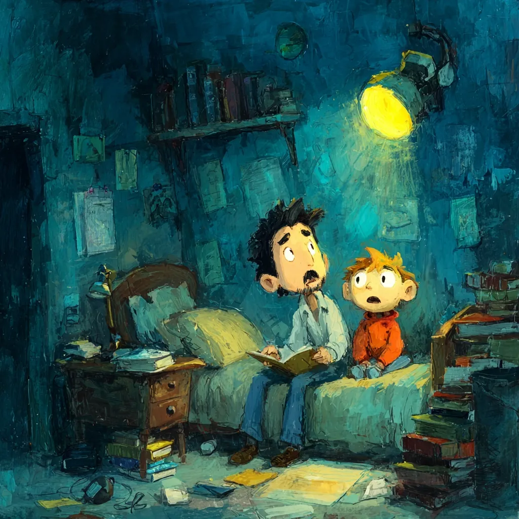 A father and son sit on a bed in a dimly lit room, their gazes directed upward towards a bright lamp. The room is cluttered with books and papers, reflecting a lived-in atmosphere. The father holds a book, perhaps mid-story. The scene evokes a feeling of bedtime, storytelling, and shared moments.  The painting style is expressive and textured, conveying warmth and intimacy.