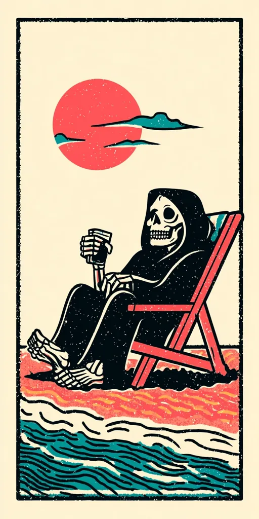 A stylized illustration depicts the Grim Reaper relaxing in a red beach chair on a sandy shore.  He holds a drink and gazes out at a large red sun setting over teal waves. The art style is reminiscent of vintage printmaking, with a textured, slightly gritty appearance and bold color choices.  The overall mood is darkly humorous, juxtaposing the macabre imagery with a peaceful beach setting.