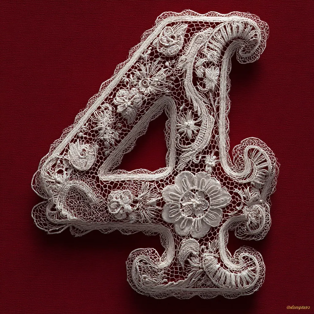 A delicate, hand-made lace number four is displayed against a deep red background.  The intricate design features floral motifs and swirling patterns, showcasing the artistry of the lacework.  The number is crafted with meticulous detail, each element contributing to its overall elegance and beauty. The white lace stands out in sharp contrast to the rich red backdrop.