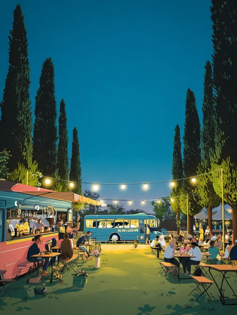 An outdoor evening scene features a food truck and a vintage bus, both illuminated by string lights, nestled amidst tall cypress trees. Patrons relax at tables, enjoying the ambiance.  The setting evokes a relaxed, social atmosphere under a twilight sky, suggesting a community gathering or pop-up event.  The illustration style is digitally rendered with a slightly muted color palette.