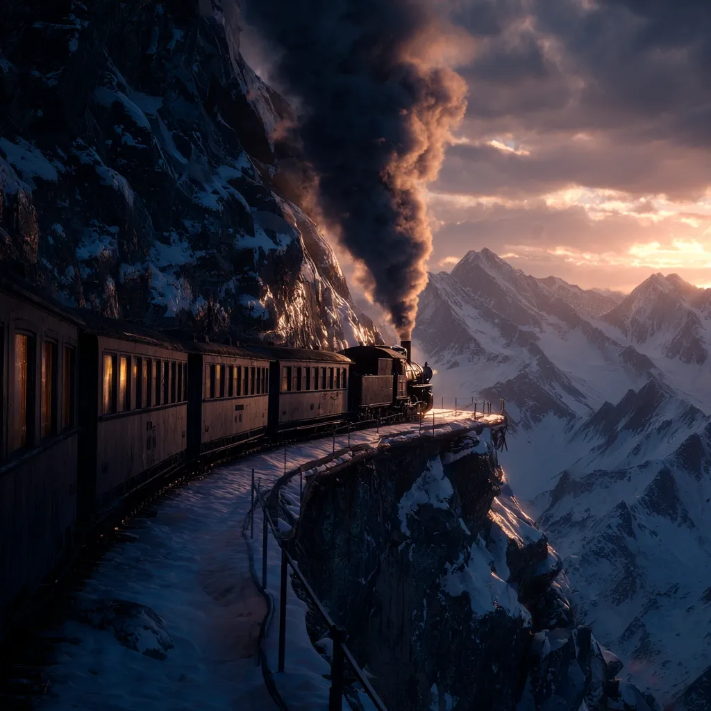 A vintage steam train chugs along a narrow track clinging to a snow-covered mountainside.  The train's smoke billows dramatically against a vibrant sunset, casting long shadows across the breathtaking alpine landscape.  The scene evokes a sense of adventure and the majesty of nature, with the train appearing both powerful and vulnerable in its precarious position. The setting sun bathes the snow-capped peaks in warm hues, contrasting with the dark train and the looming cliffs.