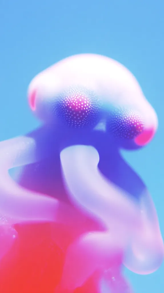 An abstract close-up image depicts a vibrant, amorphous form resembling a creature or organism.  The colors are predominantly pink, purple, and blue, with a gradient effect creating a soft, ethereal quality.  The surface appears smooth with subtle textural details, giving the impression of a fluid, almost otherworldly entity against a light blue background.  The overall mood is surreal and dreamlike.