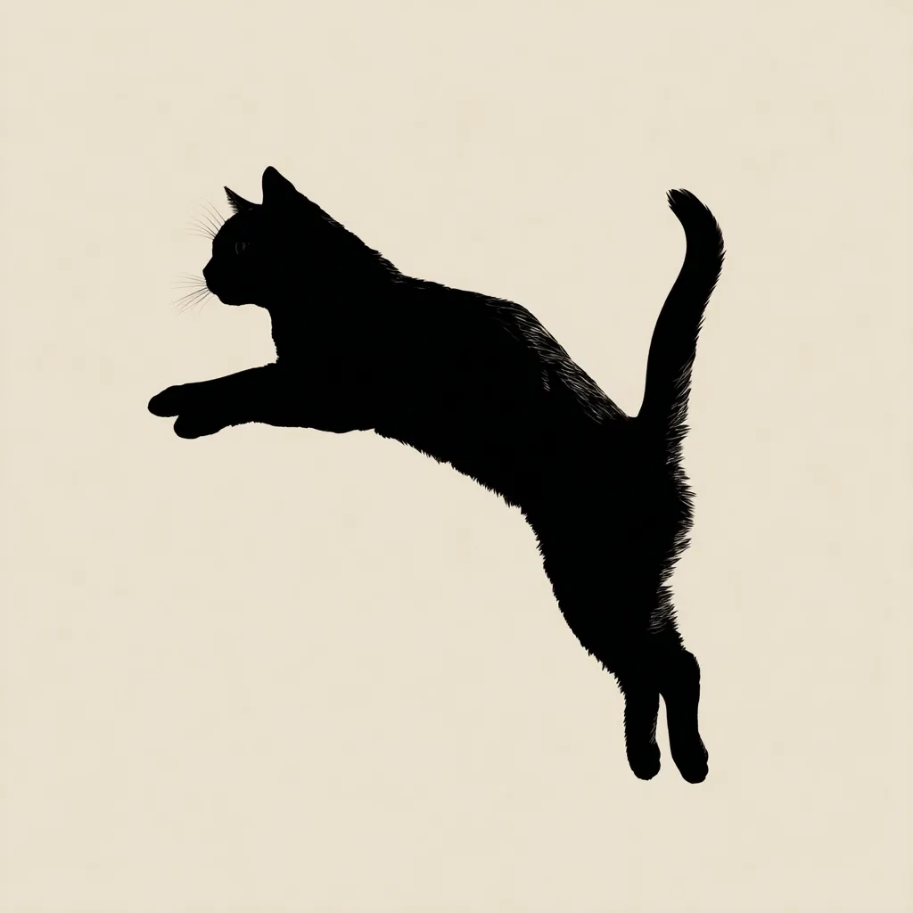 A striking silhouette of a black cat mid-leap dominates the image.  The cat's body is arched, legs extended, and tail elegantly curved. The stark black against a pale beige background creates a simple yet powerful visual.  The image evokes a sense of feline agility and grace.