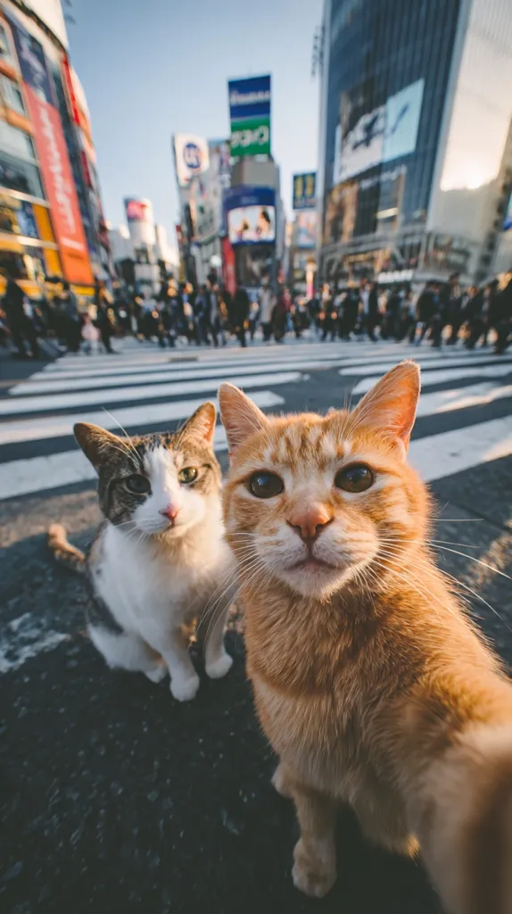 Two cats take a selfie in the bustling streets of Shibuya, Tokyo.  A calico cat sits calmly beside an orange tabby who appears to be holding the camera.  The background is a blurry but vibrant cityscape, showcasing the iconic Shibuya crossing and its surrounding skyscrapers and billboards.  The contrast between the calm cats and the busy urban scene is striking.
