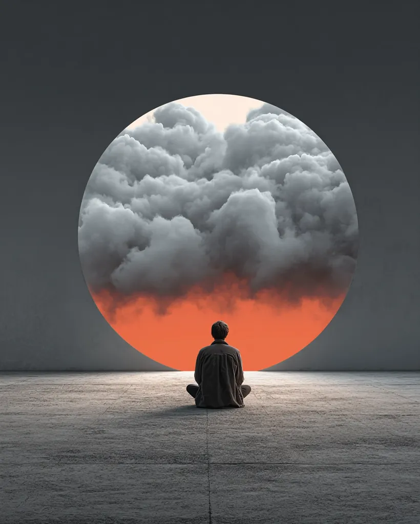A person sits cross-legged on a concrete floor, facing a large circular opening in a wall.  The opening reveals a surreal landscape: a fiery orange expanse beneath a dense, dark gray cloud formation. The scene evokes a feeling of contemplation, introspection, or a journey into the unknown. The contrast between the person's stillness and the dramatic sky creates a powerful visual narrative.
