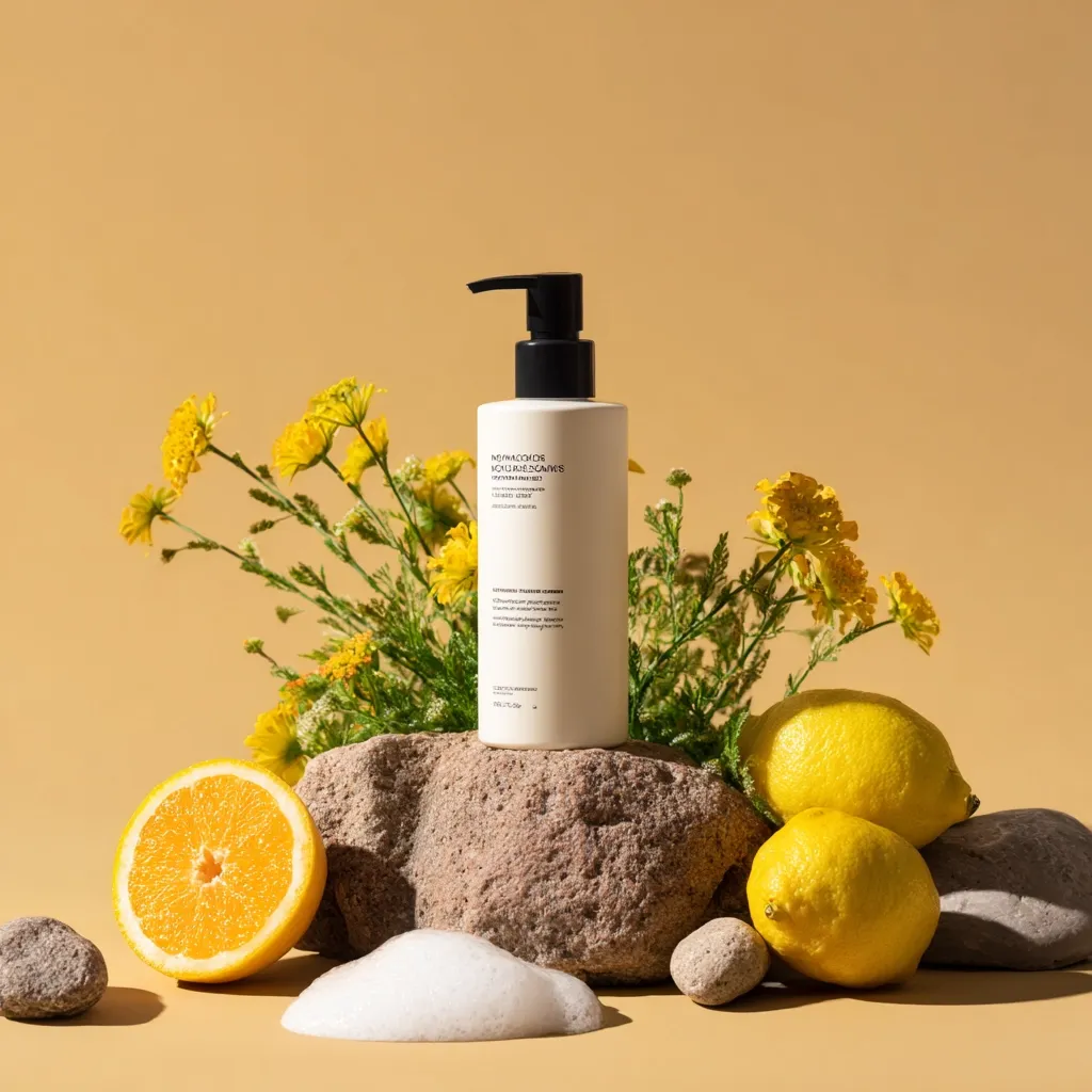 A minimalist product shot showcases a white pump bottle of Normaderm Phytosolution cleanser.  It rests on a rough stone against a muted orange background.  Surrounding the bottle are lemons and yellow flowers, adding a fresh, natural aesthetic.  A small amount of foam sits in front, emphasizing the product's texture. The overall feel is clean, sophisticated, and evokes a spa-like atmosphere.