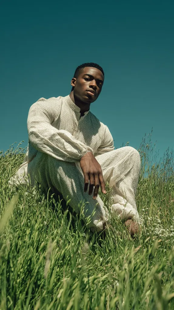 A young Black man sits in a field of tall grass under a bright blue sky.  He wears a light beige, long-sleeved, collared shirt and matching pants. His expression is serious as he looks directly at the camera. The sunlight illuminates his face and the textured fabric of his clothing. The overall mood is serene yet striking.