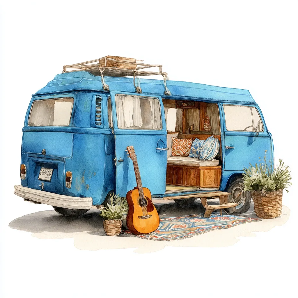 A watercolor painting depicts a vintage blue Volkswagen van, its side door open to reveal a cozy interior with cushions and wooden cabinetry.  A guitar leans against the van, and potted plants sit nearby on a patterned rug.  A rooftop rack holds baskets, adding to the bohemian, travel-ready aesthetic. The scene evokes a sense of freedom and adventure.