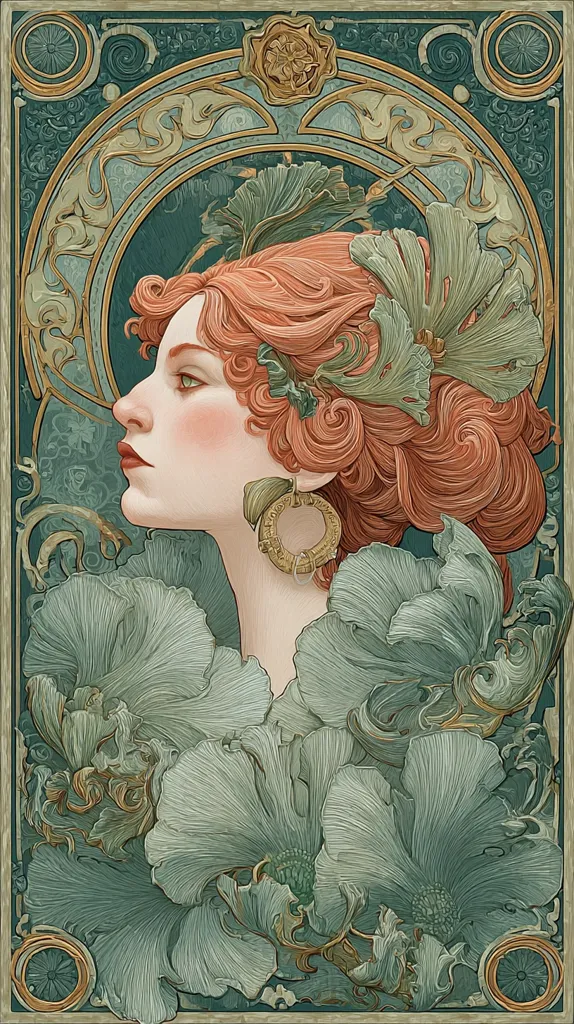 A stylized Art Nouveau portrait of a woman with fiery red hair adorned with ginkgo leaves.  Her profile is presented against a backdrop of teal and gold, framed by elaborate floral designs, primarily large, textured blooms in shades of seafoam green. The artwork showcases intricate detailing and a flowing, organic aesthetic characteristic of the Art Nouveau style.  Gold accents and ornate borders complete the piece.