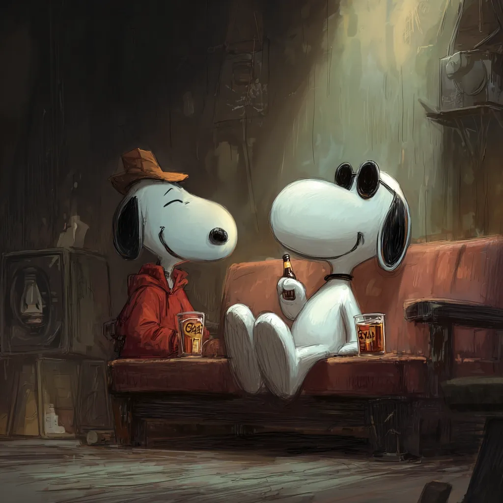 Two Snoopy characters relax on a worn couch in a dimly lit room.  One wears a red jacket and hat; the other sports sunglasses.  Both hold beverages, creating a scene of casual camaraderie in a rustic, atmospheric setting. The artwork style is painterly and slightly rough, emphasizing texture and mood.