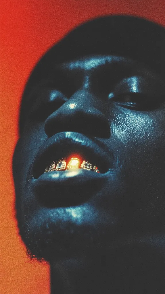 Close-up of a dark-skinned man's face against a vibrant orange background.  His eyes are partly closed, and he sports a prominent gold grill over his teeth, glowing faintly. The image is stylized with a dark, moody tone, emphasizing texture and contrast.  The overall effect is dramatic and visually striking.