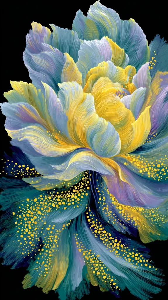 A vibrant, stylized painting of a single flower, possibly a peony, dominates the image.  The petals are rendered in shades of teal, lavender, and gold, creating a luxurious, almost ethereal effect.  The artist uses thick brushstrokes to suggest texture and movement.  Gold specks are scattered around the base, adding to the overall sense of richness and opulence. The dark background enhances the flower's luminosity.