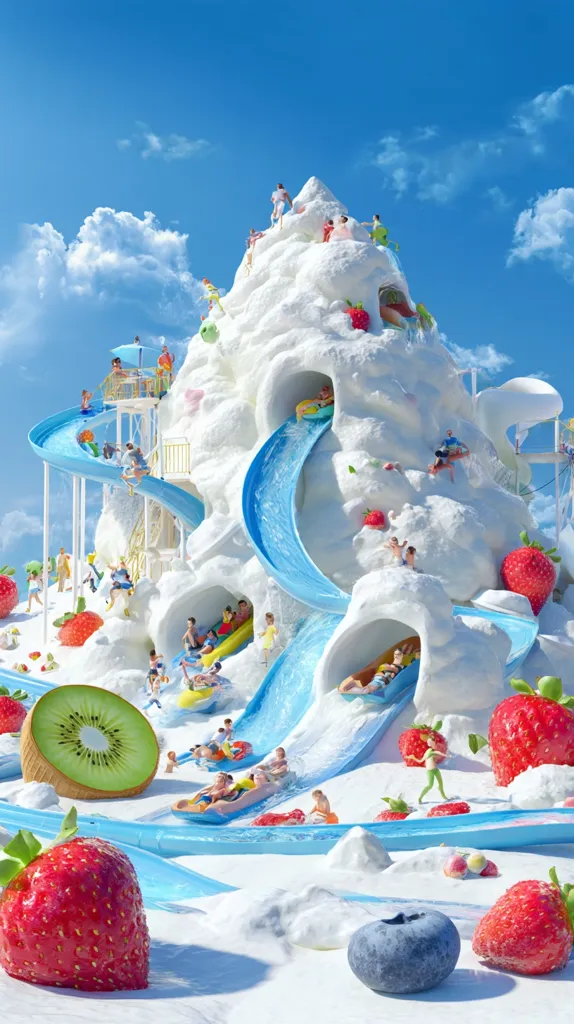 A whimsical water park, shaped like a giant whipped cream mountain, features multiple twisting slides.  Tiny figures enjoy the rides, surrounded by oversized strawberries, kiwis, and blueberries.  The vibrant blue slides contrast with the white cream and bright red fruit, creating a surreal and playful summer scene under a clear blue sky.