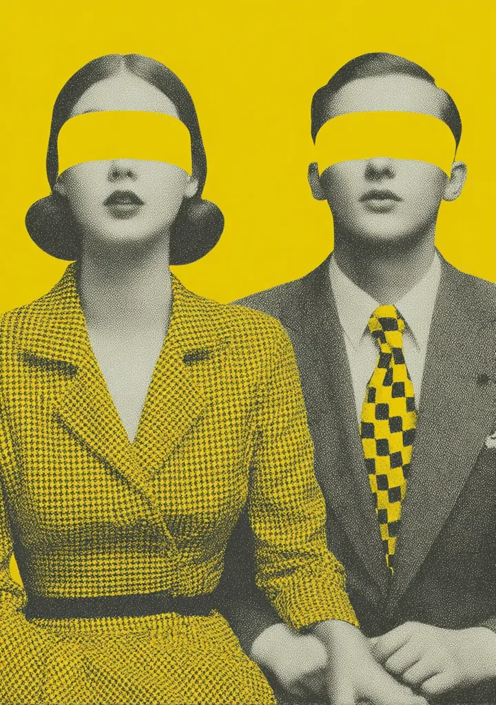 A stylized illustration depicts a man and woman, their eyes covered by yellow bands.  They are dressed in mid-century attire; she in a yellow checkered dress, he in a grey suit with a yellow and black checkered tie.  The stark yellow background and monochromatic figures create a visually striking, almost surreal image, suggesting themes of blindness, conformity, or societal pressures.
