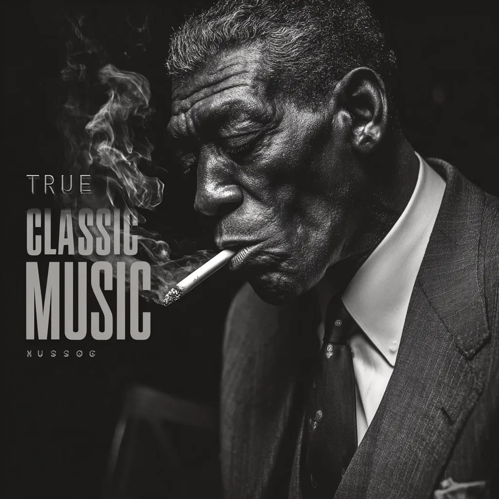 A black and white close-up portrays a man in a suit, smoking a cigarette.  His face is partially shadowed, creating a dramatic effect.  The text "TRUE CLASSIC MUSIC" overlays the image, along with a smaller, less prominent credit "MUSSOC." The overall style is reminiscent of classic album art, evoking a mood of sophistication and mystery.