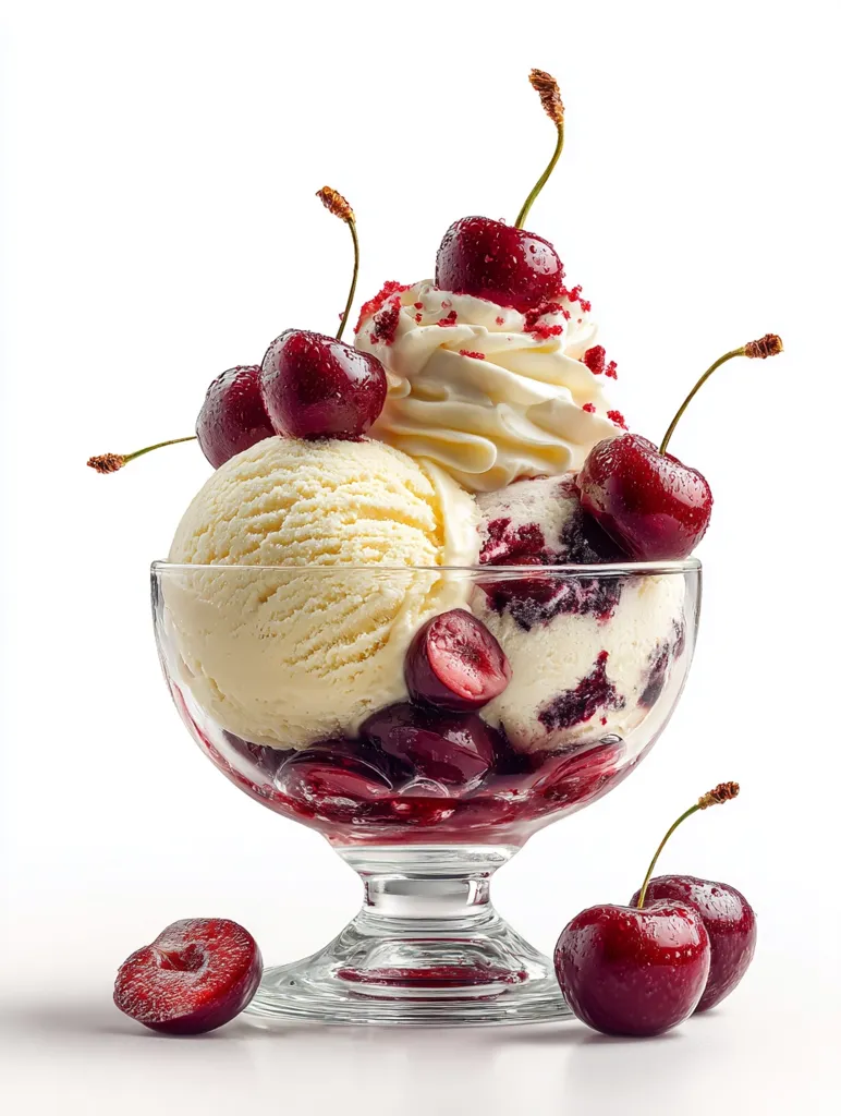 A decadent ice cream sundae is presented in a stemmed glass bowl.  Vanilla ice cream sits atop a layer of cherry sauce and red velvet crumbles, adorned with fresh cherries and whipped cream.  The vibrant red cherries and creamy ice cream contrast beautifully against the clear glass, creating a visually appealing dessert.  A few extra cherries rest beside the bowl, completing the image.