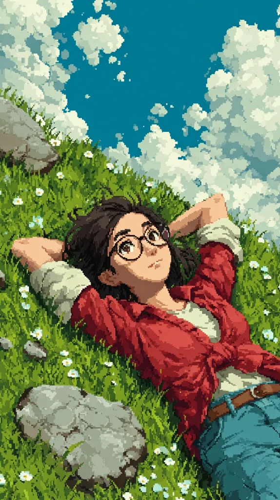 A young woman with glasses lies on her back in a grassy field, gazing up at a bright blue sky dotted with fluffy white clouds.  She wears a red shirt and blue jeans, her arms relaxed behind her head.  Small white flowers dot the vibrant green grass, and rocks are scattered around her. The pixel art style gives the image a nostalgic and dreamy quality.