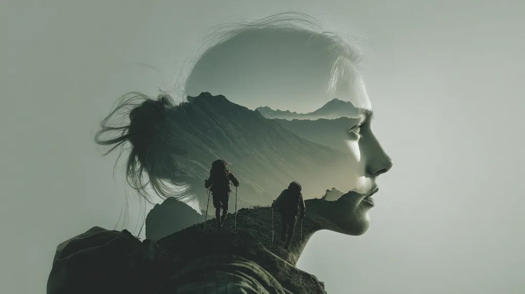 A double exposure image shows a woman's profile superimposed over a mountainous landscape.  Two hikers ascend a trail amidst the peaks.  The woman's serene expression contrasts with the rugged terrain, creating a visually striking blend of human emotion and the vastness of nature. The overall tone is muted and contemplative, suggesting themes of inner strength and exploration.