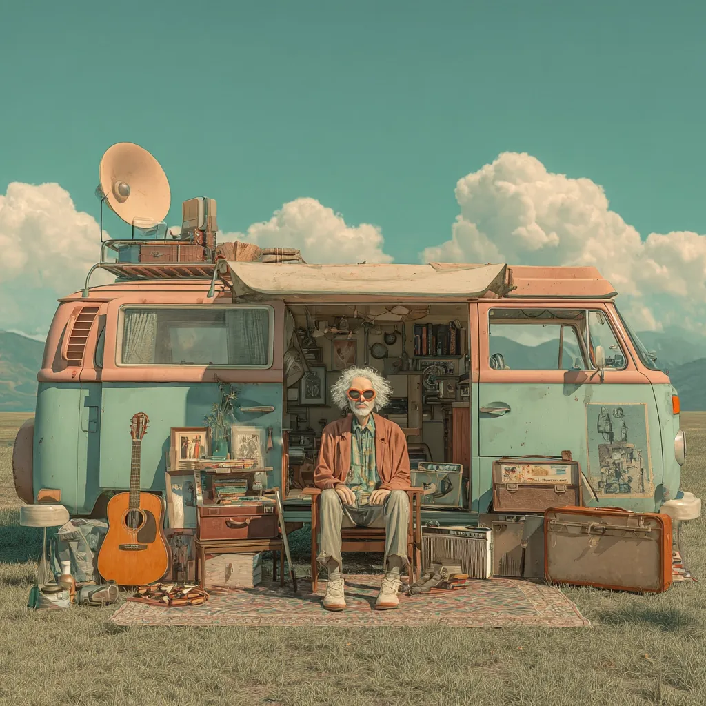 A whimsical, vintage-toned image depicts a man with long white hair and sunglasses sitting in a retro Volkswagen bus.  The bus is heavily laden with vintage luggage, musical instruments, and personal belongings, creating a lived-in, bohemian feel. The setting is a grassy field under a bright, cloud-filled sky.  The overall mood is nostalgic and carefree, suggesting a journey of self-discovery.