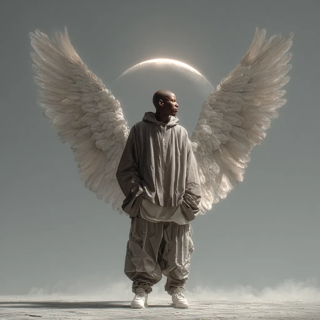 A bald, dark-skinned man, dressed in loose, light beige clothing, stands with large, white feathered wings extending behind him.  He gazes to his right, a serene expression on his face. A luminous crescent moon hangs in the muted grey sky behind him. The overall aesthetic is ethereal and contemplative, suggesting themes of divinity or transcendence.